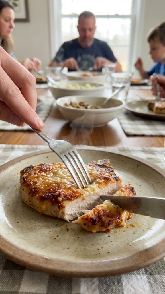 A close-up POV shot of a knife cutting into a crispy pork chop, revealing juicy white meat inside.
