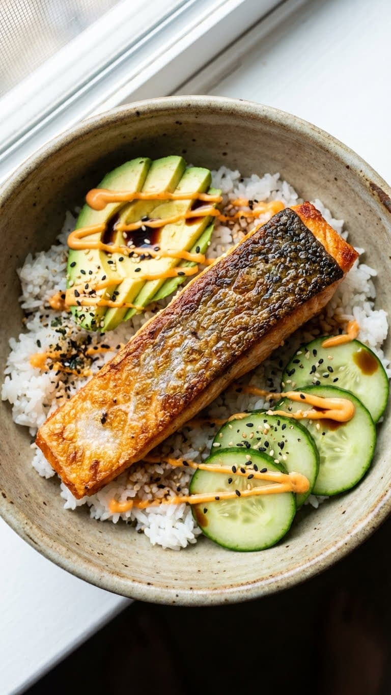 A top-down view of a rice bowl topped with crispy skin-on salmon, avocado, cucumber, and spicy mayo drizzle.
