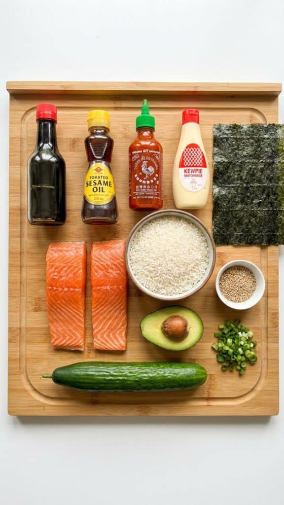 A flat lay showing raw salmon, rice, avocado, cucumber, and bottles of soy sauce, sriracha, and mayo on a bamboo board.