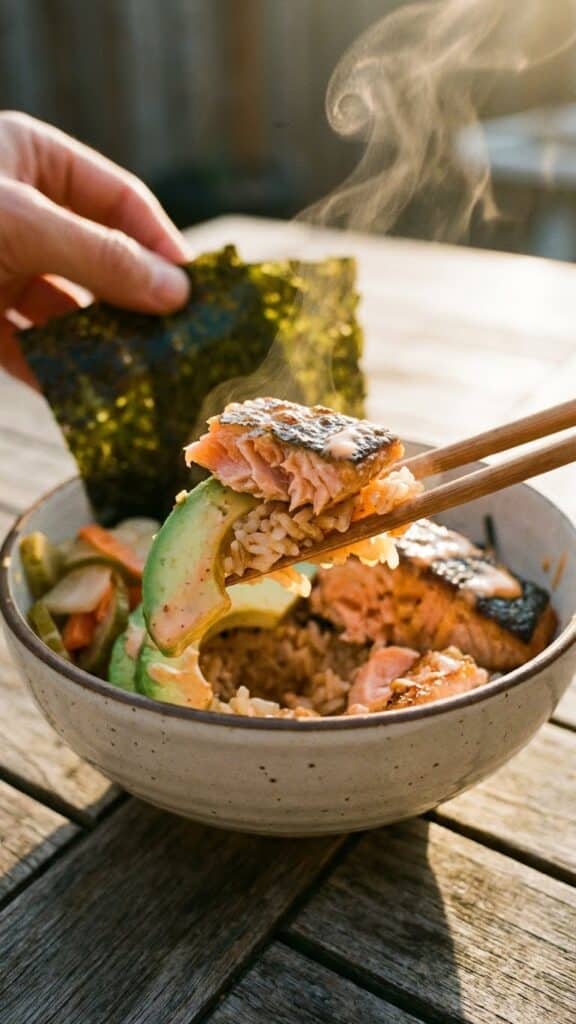 A close-up of chopsticks lifting a bite of salmon, rice, and avocado with spicy mayo.