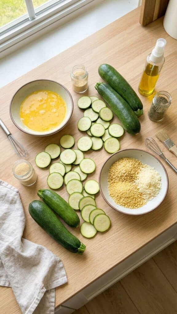 A flat lay showing sliced zucchini, a bowl of beaten eggs, and a bowl of breadcrumb mixture.