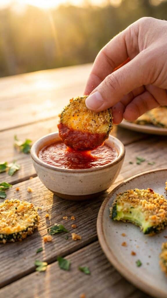 A close-up of a hand dipping a crispy zucchini chip into tomato sauce.