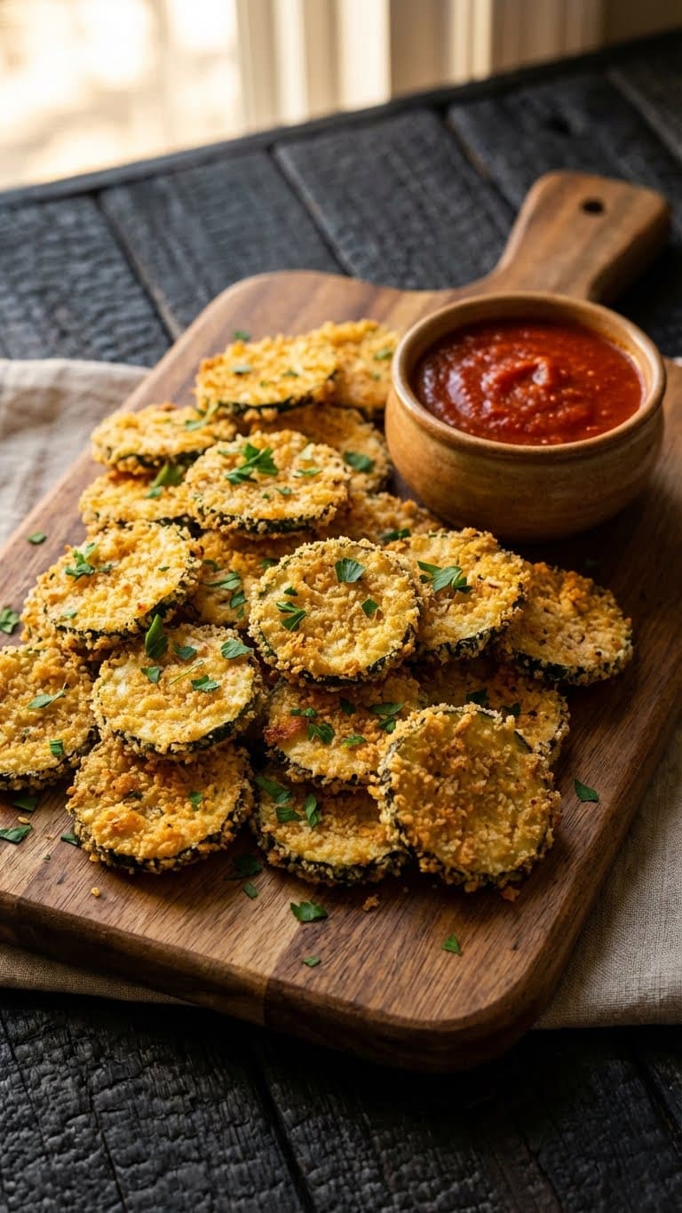 A wooden board filled with baked parmesan zucchini chips served with a side of marinara sauce.