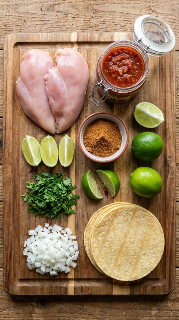 A flat lay showing raw chicken breasts, a jar of salsa, taco seasoning, and limes on a wooden board.