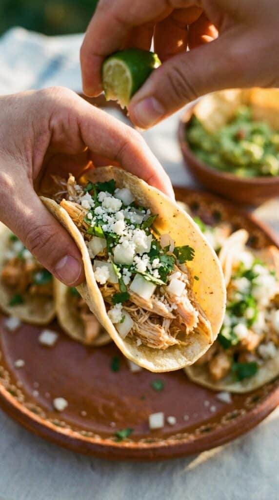 A close-up of a hand holding a street-style chicken taco topped with onion, cilantro, and cheese.