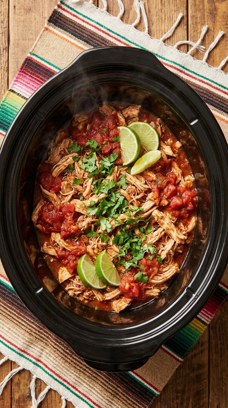 A top-down view inside a slow cooker filled with shredded chicken and salsa, garnished with cilantro and lime.