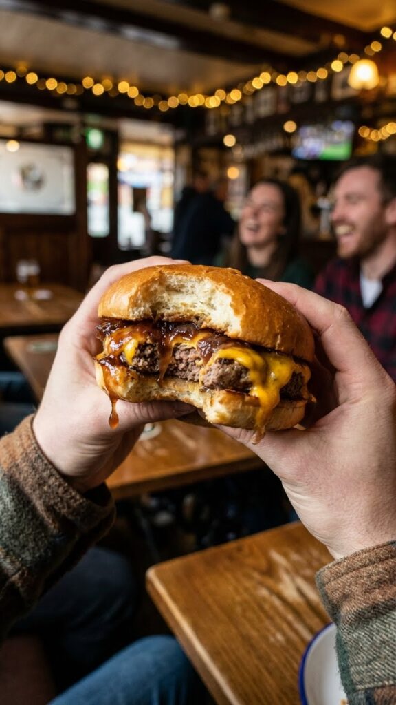A close-up POV shot of hands holding a juicy Irish burger, with stout onions and cheese dripping out.