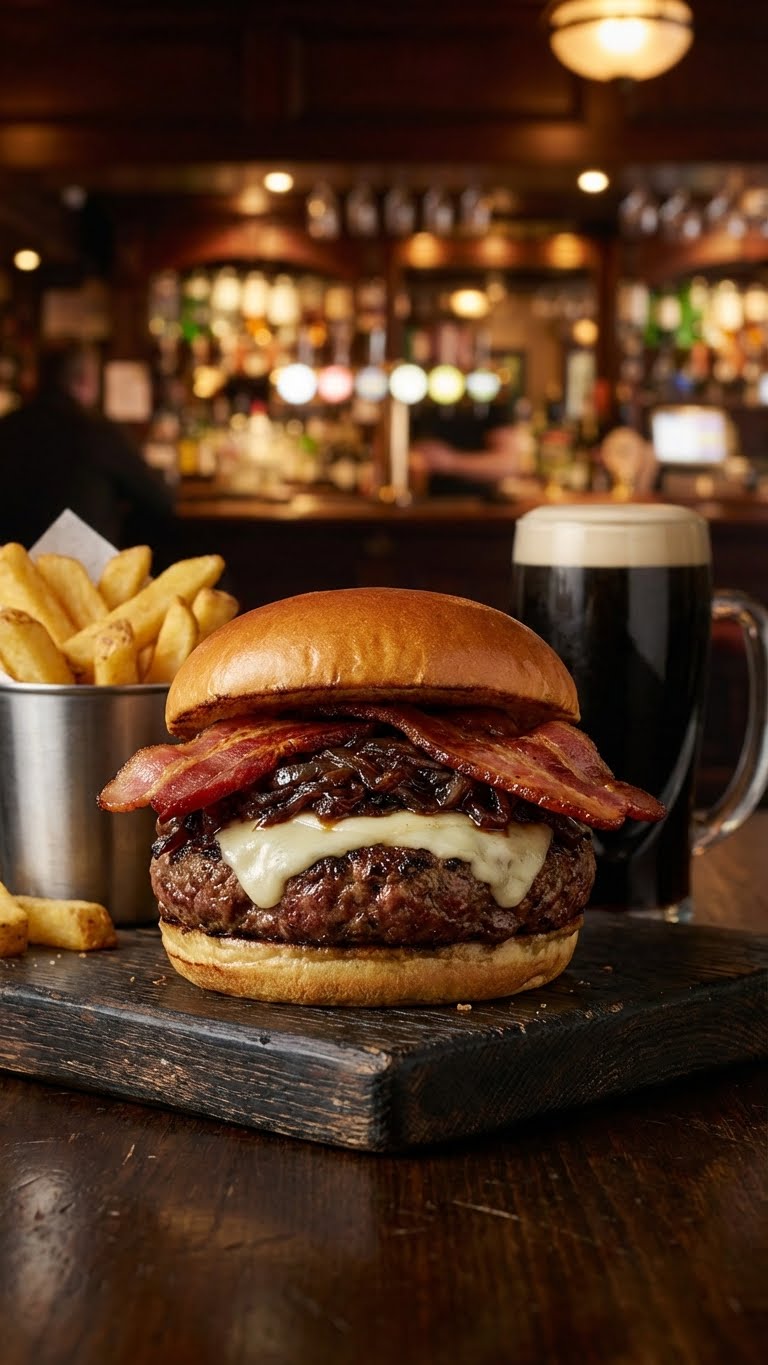 A tall Irish Pub burger topped with white cheddar, dark stout caramelized onions, and bacon, served with fries and a pint of stout beer.
