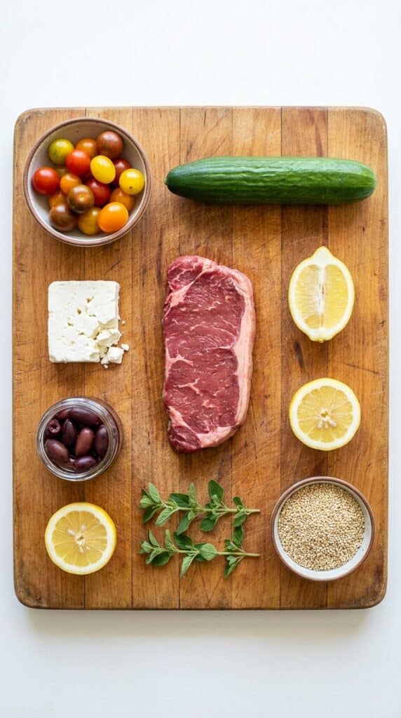 A flat lay showing raw steak, fresh tomatoes, cucumber, feta cheese, olives, and lemon on a wooden board.