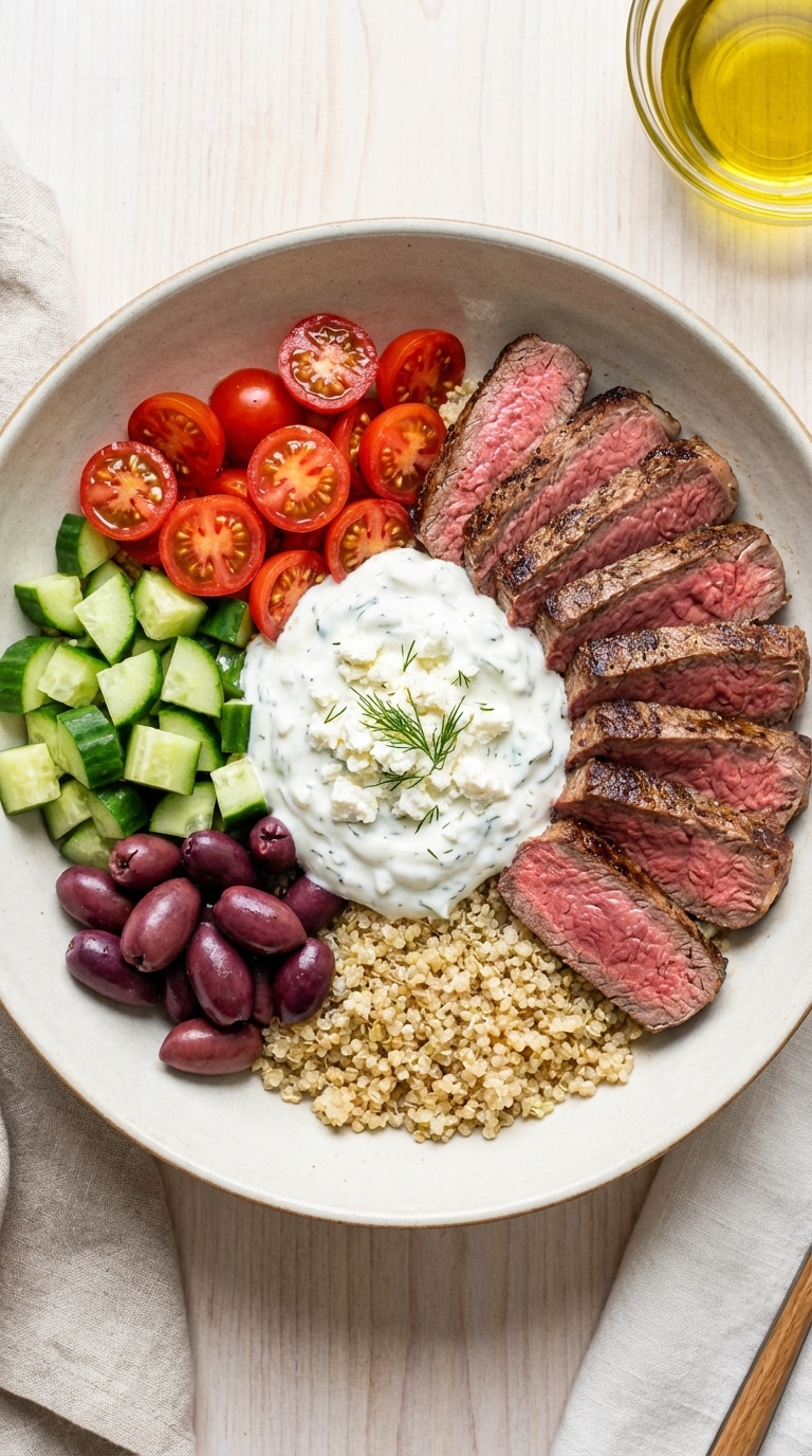 A top-down view of a healthy bowl with sliced steak, cucumbers, tomatoes, olives, feta, and tzatziki sauce.