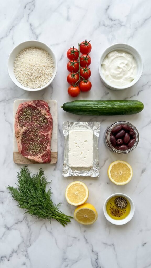 Overhead flat lay view of ingredients for Mediterranean Steak Bowls: raw steak, rice, lemons, tomatoes, cucumber, olives, feta, and yogurt.