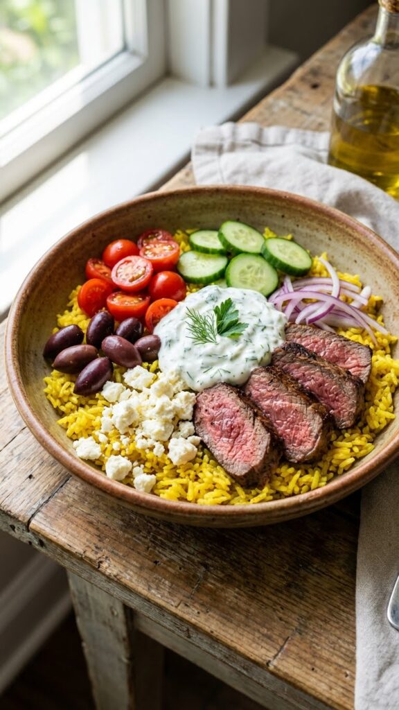 A close-up POV shot of a fork lifting a mixed bite of steak, vegetables, feta, and tzatziki from a bowl.