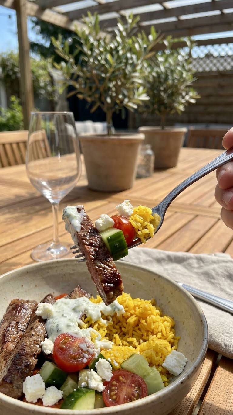 A loaded Mediterranean Steak Bowl with sliced steak, tomatoes, cucumber, olives, feta, and tzatziki sauce on a bed of turmeric rice.