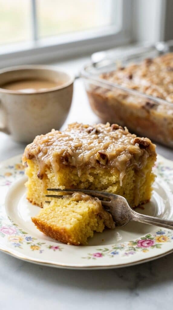 A close-up of a square slice of pineapple cake with coconut pecan frosting on a floral plate with a fork.