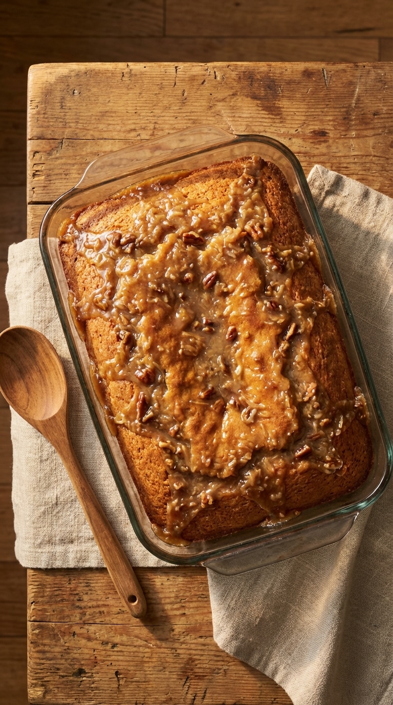 A rectangular baking dish filled with a moist cake topped with a sticky boiled coconut and pecan icing