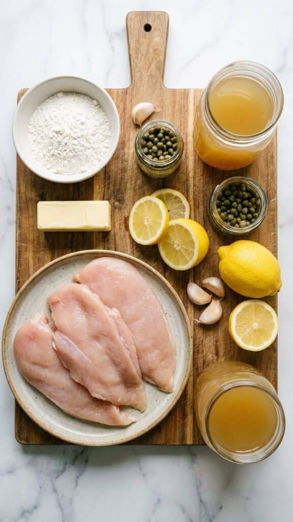 A flat lay showing raw chicken, flour, butter, capers, lemons, and broth on a wooden board.
