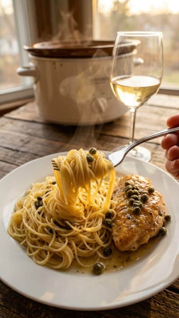 A close-up of a fork lifting a piece of lemon chicken and angel hair pasta from a plate.