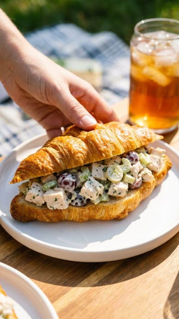 A buttery croissant sandwich filled generously with chicken salad and grapes on a plate.