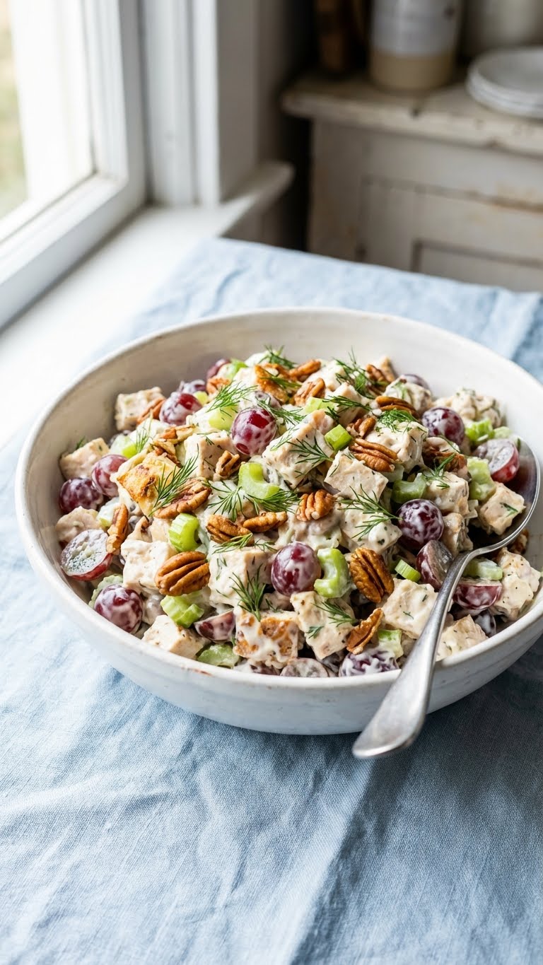 A white bowl filled with creamy chicken salad containing grapes, celery, and pecans, garnished with dill.