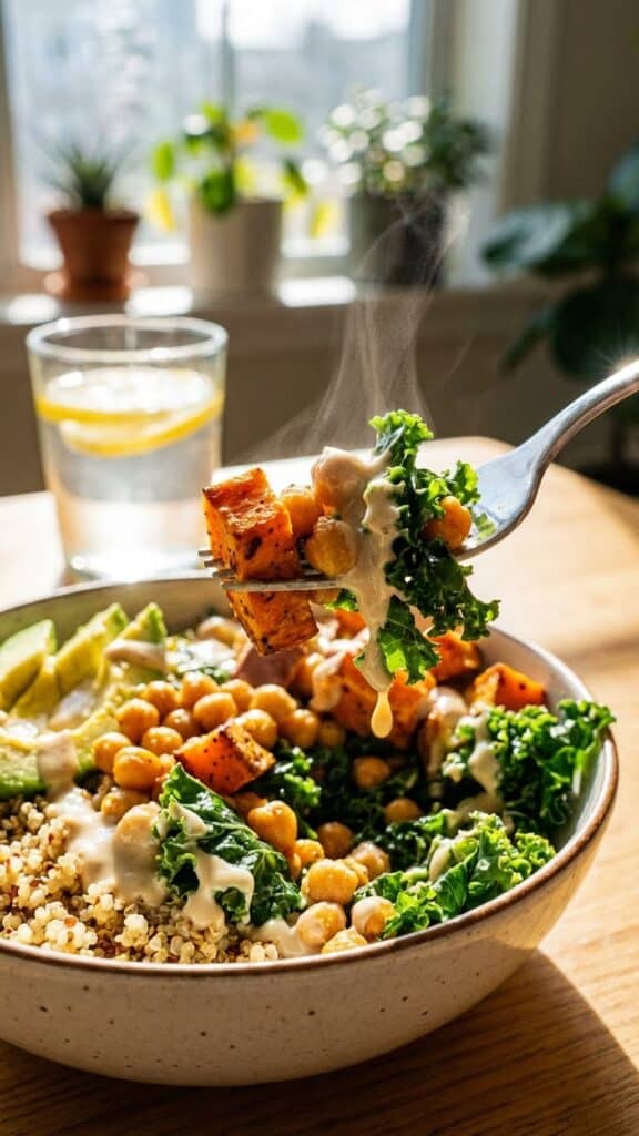 A close-up of a fork lifting a bite of sweet potato and kale covered in creamy dressing.