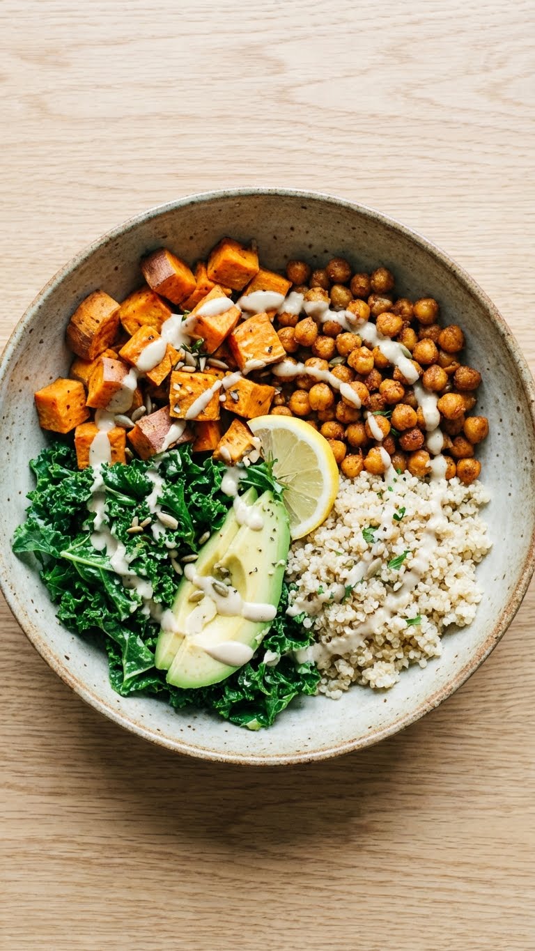 A top-down view of a healthy nourish bowl with sweet potato, chickpeas, avocado, and creamy tahini yogurt dressing.