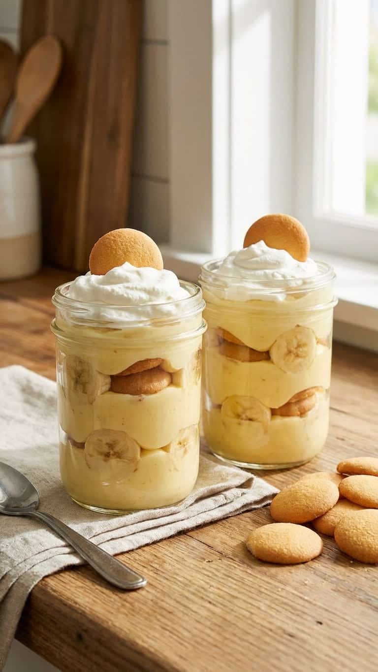 Two glass jars filled with layered banana pudding, banana slices, and Nilla wafers topped with whipped cream