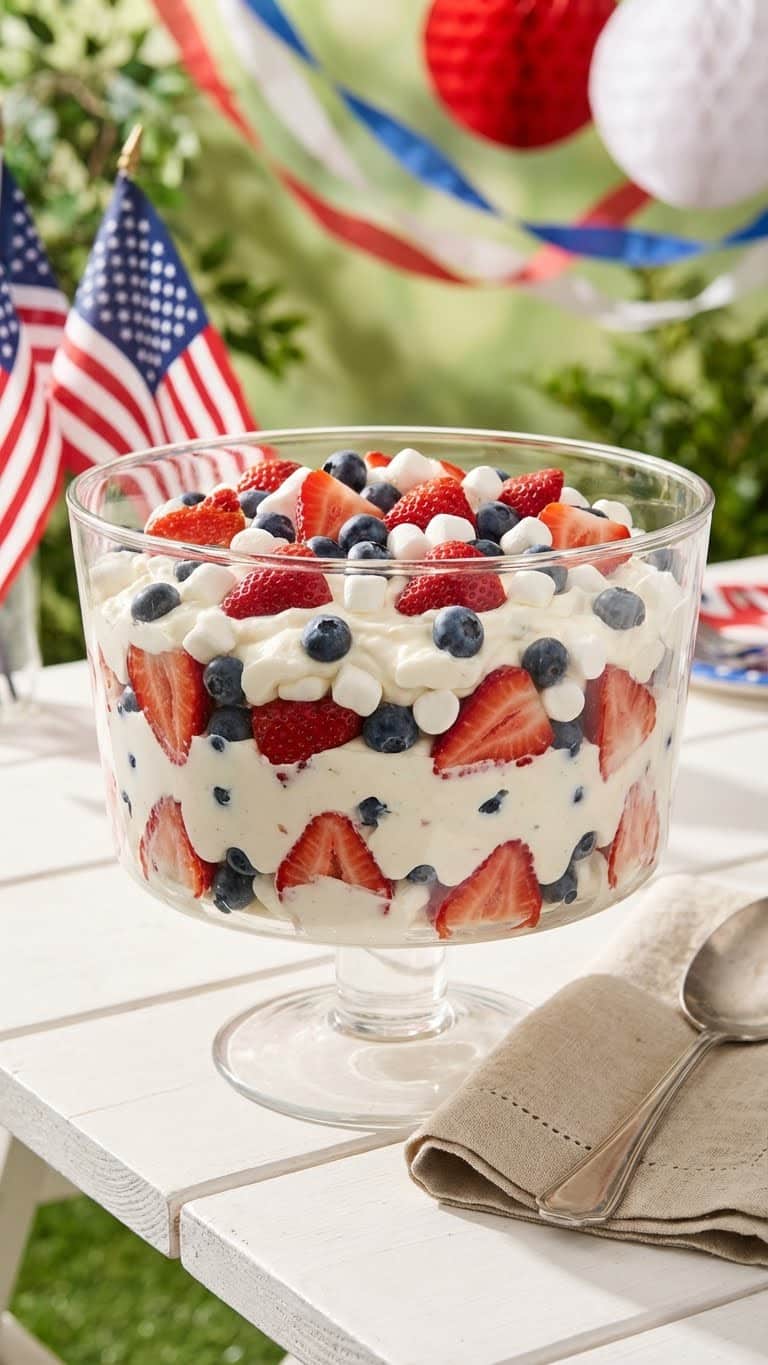 A large glass bowl filled with creamy cheesecake fruit salad featuring strawberries, blueberries, and marshmallows on a picnic table.