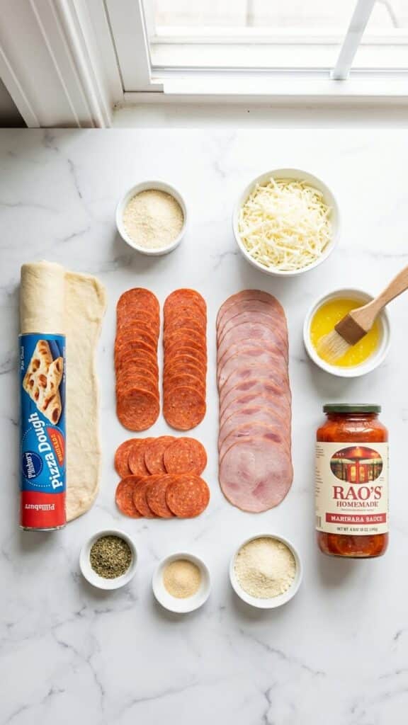 A flat lay showing a tube of pizza dough, pepperoni, ham, shredded cheese, and melted butter on a counter.