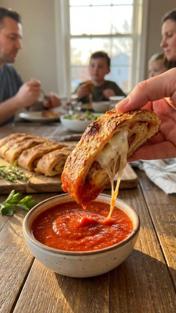 A close-up of a hand dipping a cheesy slice of stromboli into a bowl of marinara sauce with a cheese pull.