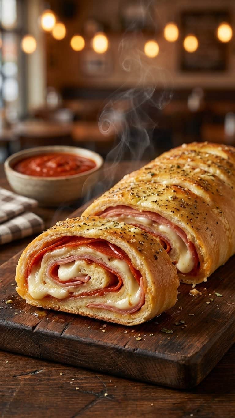 A golden brown baked stromboli sliced open to show layers of pepperoni, ham, and melted cheese on a wooden board.