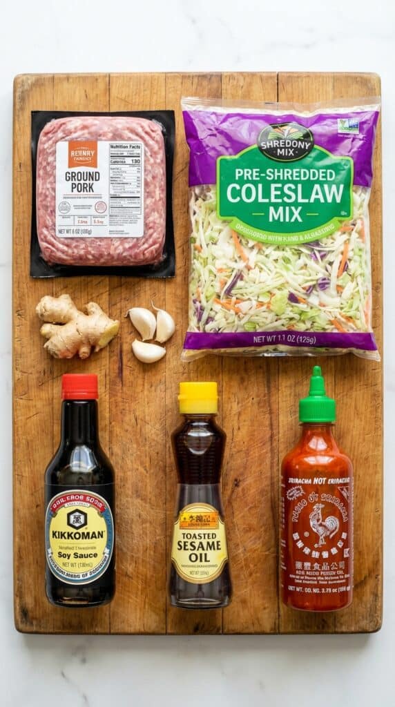 A flat lay showing ground pork, a bag of coleslaw mix, ginger, garlic, soy sauce, and sriracha on a wooden board.