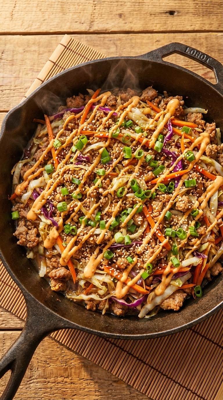 A top-down view of a skillet filled with egg roll in a bowl (ground pork and cabbage stir fry) garnished with spicy mayo and green onions.