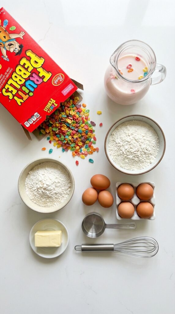 A flat lay showing a box of Fruity Pebbles cereal, pink-tinted cereal milk, eggs, flour, and butter.