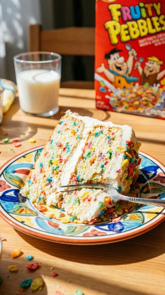 A close-up of a slice of cake showing rainbow cereal specks baked inside the sponge layers.
