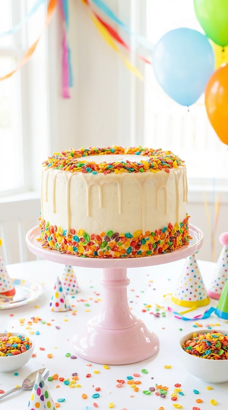A whole three-layer cake decorated with white frosting and crusted with bright rainbow Fruity Pebbles cereal.