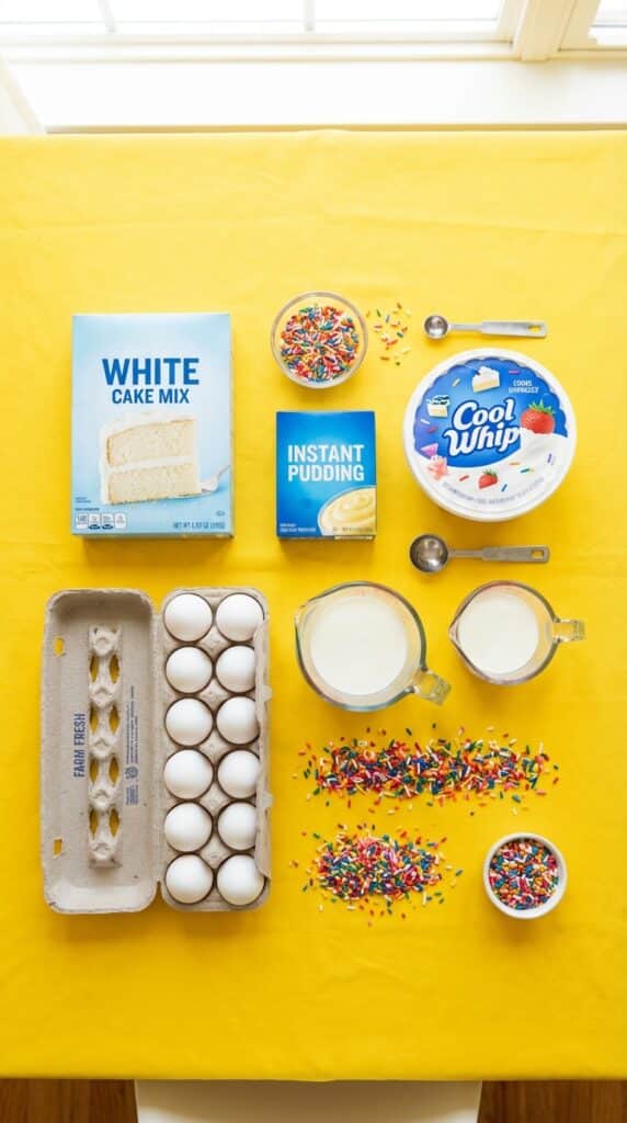 flat lay showing cake mix, pudding mix, eggs, milk, cool whip, and rainbow sprinkles on a yellow background.