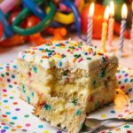 A close-up of a slice of funfetti poke cake on a party plate with a fork taking a bite, showing the pudding pockets.