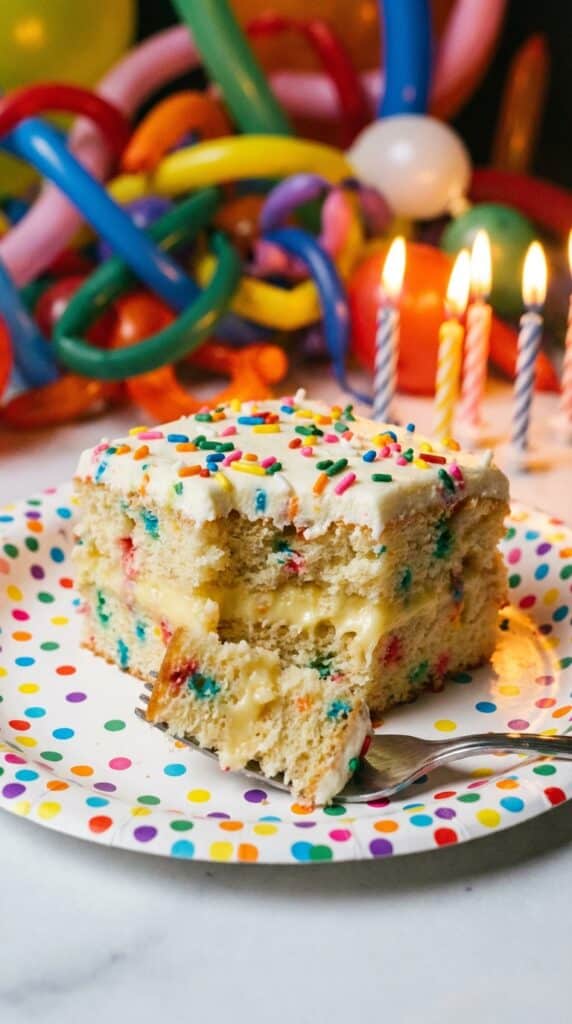 A close-up of a slice of funfetti poke cake on a party plate with a fork taking a bite, showing the pudding pockets.