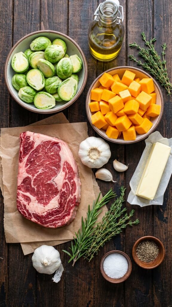 Overhead flat lay view of ingredients including raw steak, Brussels sprouts, butternut squash cubes, garlic, butter, and fresh herbs on a wooden counter.