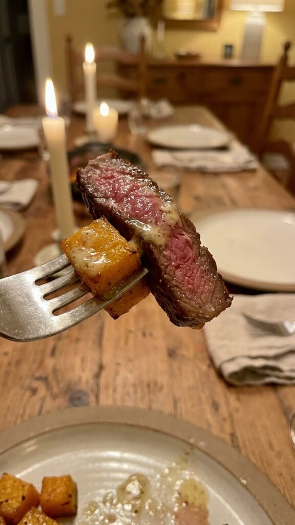 A close-up POV shot of a fork holding a slice of garlic butter steak and roasted butternut squash glistening with sauce.