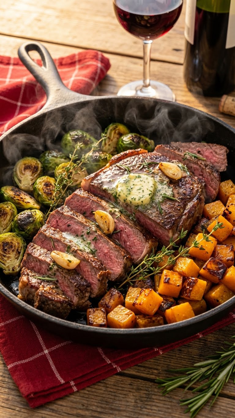 A cast iron skillet filled with sliced seared steak, roasted Brussels sprouts, and butternut squash, topped with melting garlic butter and fresh herbs.