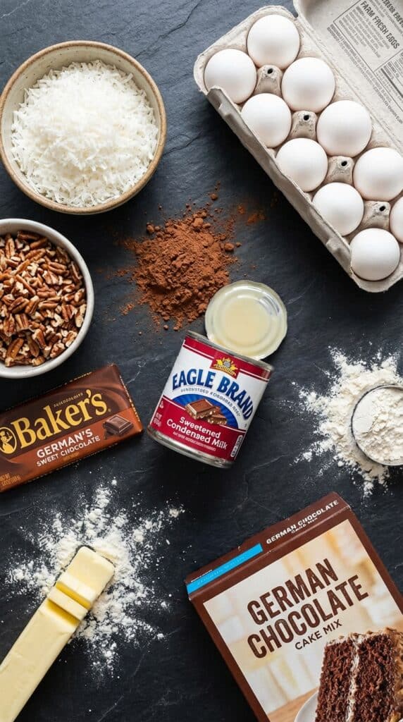 A flat lay showing shredded coconut, chopped pecans, chocolate, condensed milk, and cake ingredients.