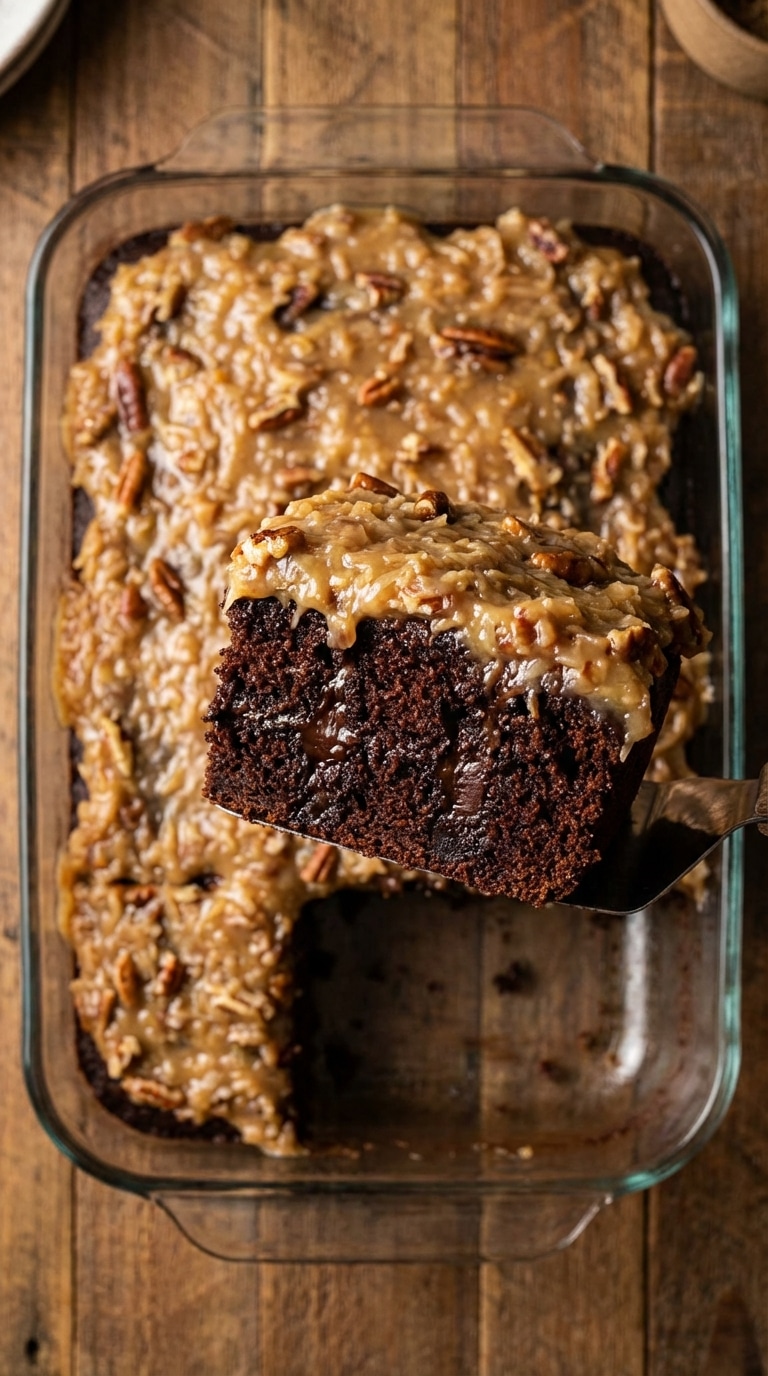 A 9x13 pan of German Chocolate Cake with a slice removed, showing fudge sauce seeping into the cake and a thick coconut pecan topping.