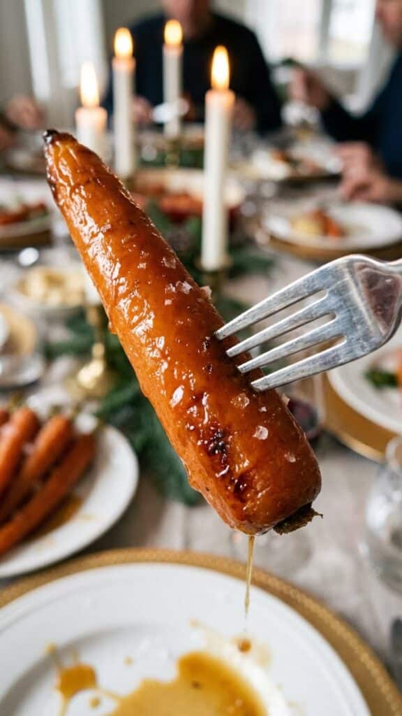 A close-up POV shot of a fork piercing a soft, glazed roasted carrot.
