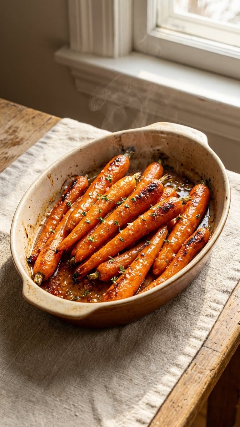 Roasted whole carrots in a ceramic dish, glazed with honey and butter, garnished with fresh thyme and sea salt.