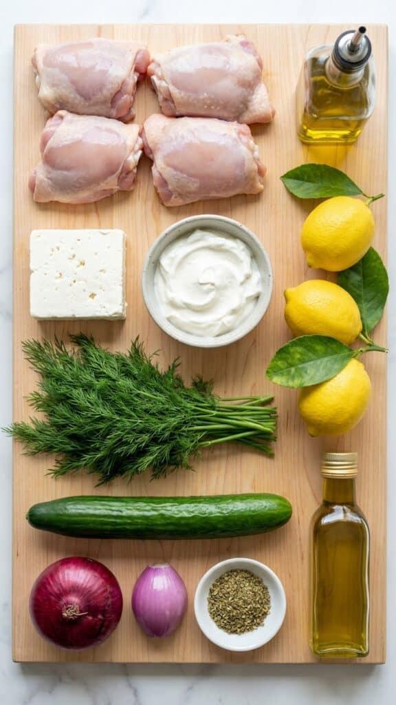 A flat lay showing raw chicken, feta cheese, yogurt, lemons, cucumber, and oregano on a wooden board.