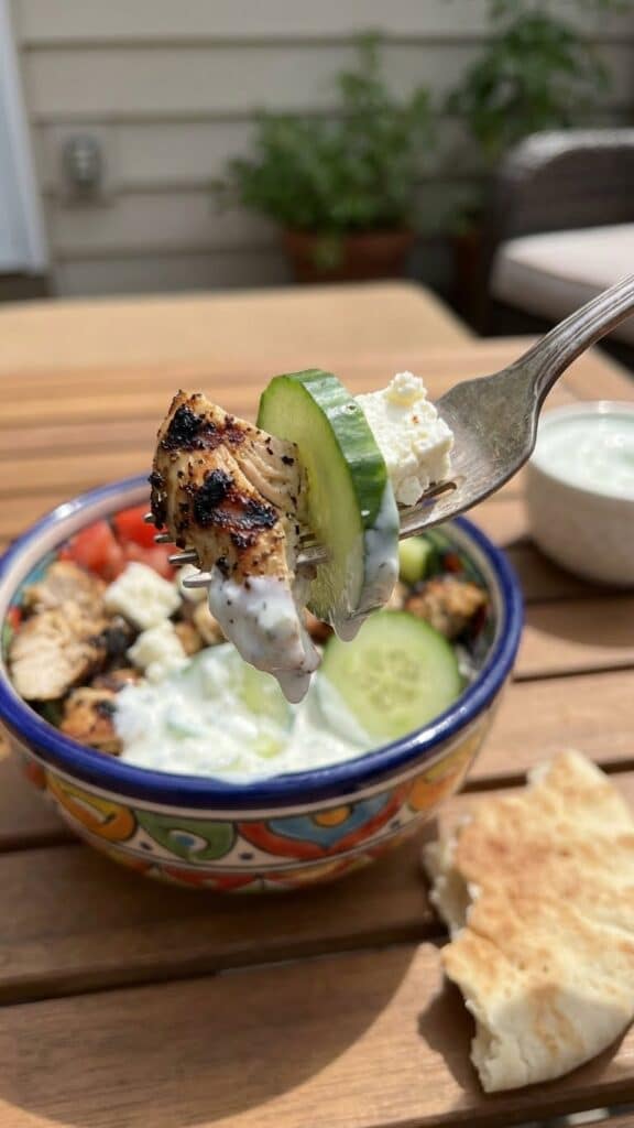 A close-up of a fork lifting a bite of chicken, feta, and tzatziki from a Greek bowl.