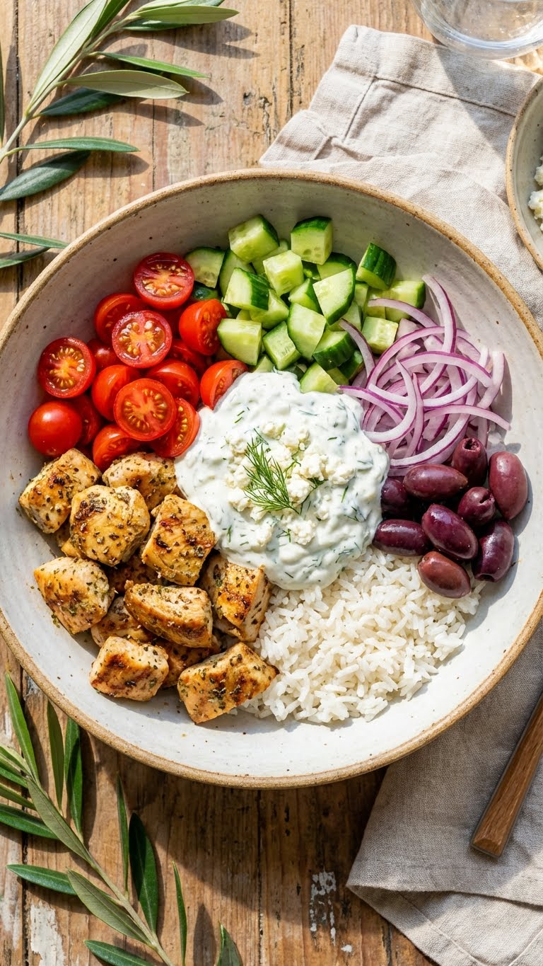 A top-down view of a Greek chicken bowl with tomatoes, cucumbers, olives, feta, and a scoop of tzatziki sauce.
