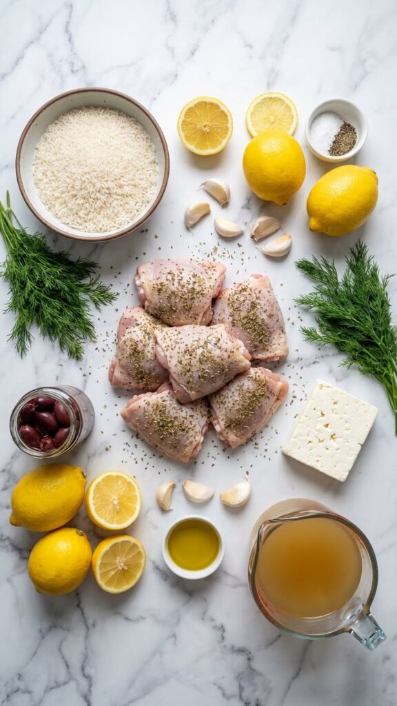 Overhead flat lay view of ingredients: raw seasoned chicken, uncooked rice, fresh lemons, garlic, olives, feta, and broth on marble.