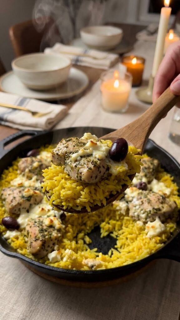A close-up POV shot of a serving spoon scooping up hot, fluffy lemon rice, chicken, and melted feta from a skillet.